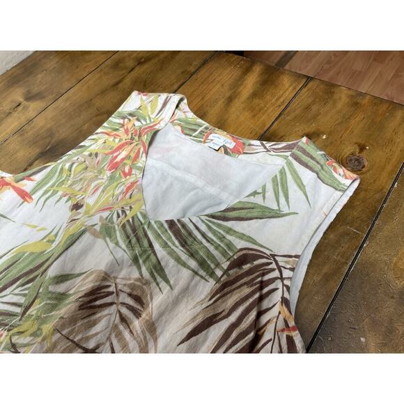 J. Jill Love Linen Cream Tropical Leaf Print Sleeveless Linen Dress Size Large - Picture 3 of 10